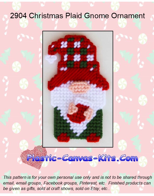 Christmas Plaid Gnome Ornament- Plastic Canvas Pattern or Kit