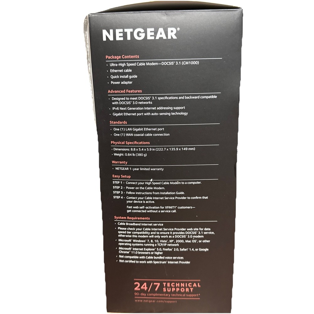 NETGEAR CM1000 Cable Modem DOCSIS 3.1 6Gbps Ethernet Xfinity Cox Black