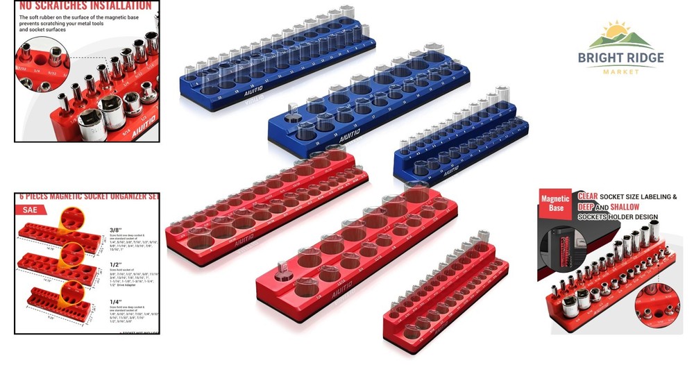 Heavy-Duty Magnetic Socket Organizer for Efficient Tool Management - 6 Pieces