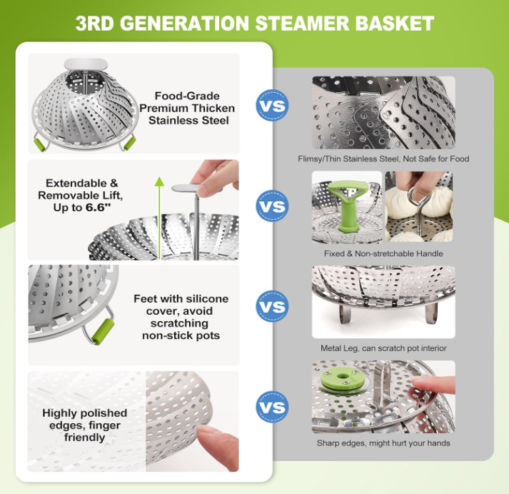 Steamer Basket, 3rd Generation Stainless Steel Vegetable Steamer with Extendable
