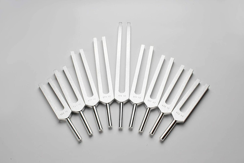 9 Sacred Solfeggio Tuning Fork Set velvet pouch + mallet