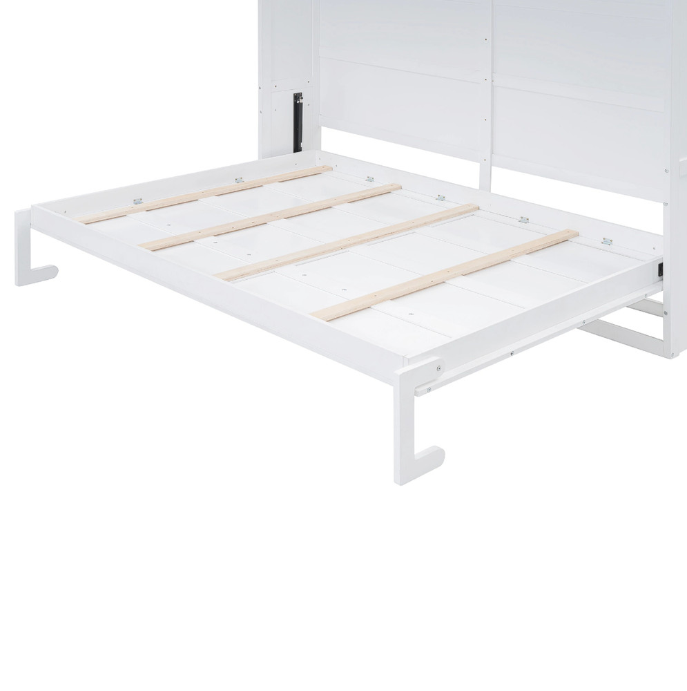 Modern Bed Frame Full Size Murphy Bed Wall Bed with Top Cabinets Bedroom White