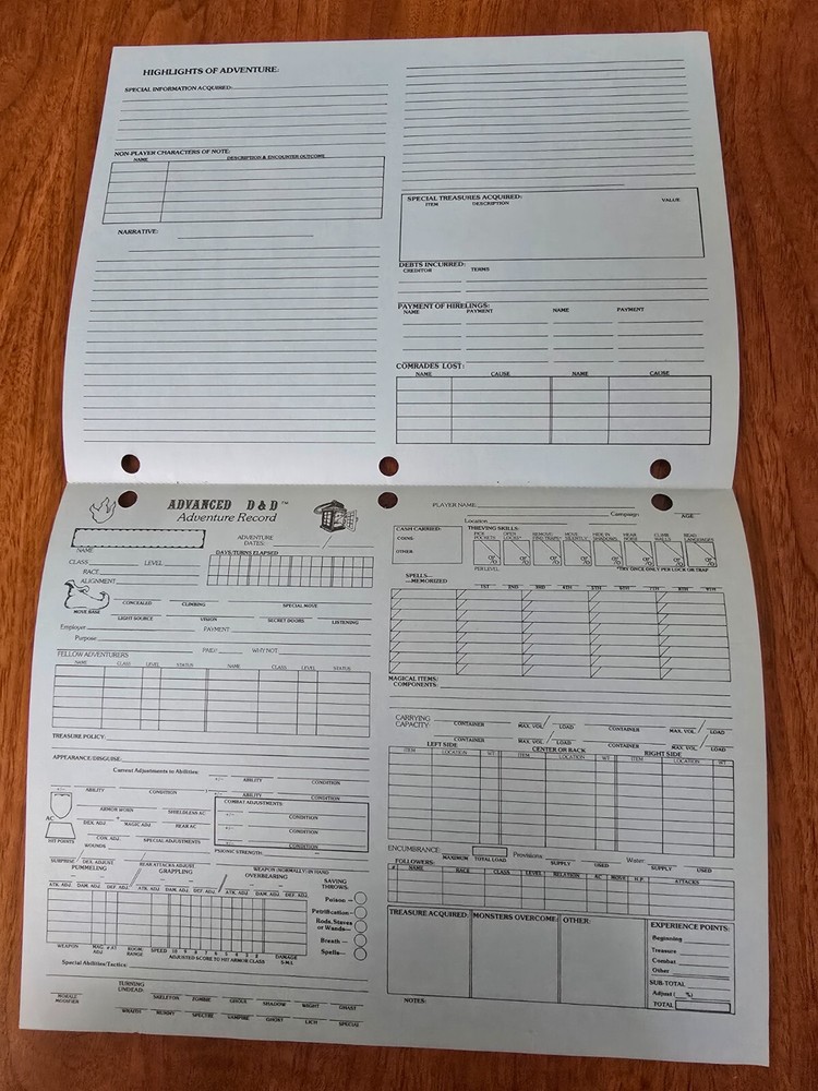AD&D Adventure Record Double Sheets from Permanent Character Folder 9029 TSR