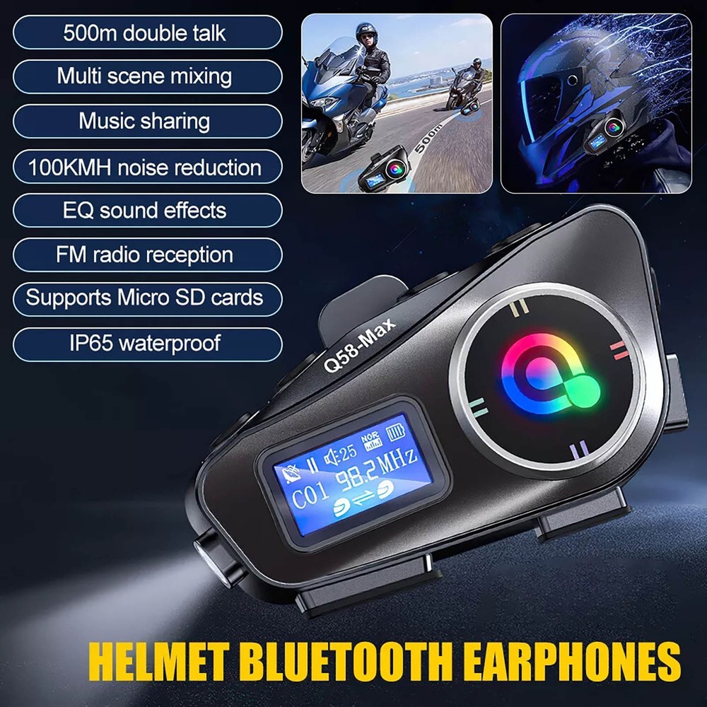 Motorcycle Intercom Music Bluetooth Helmet Headset LCD Display Waterproof