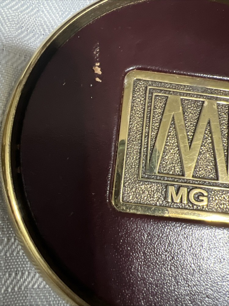8 Vintage Solid BRASS and Brown LEATHER M MG COASTERS
