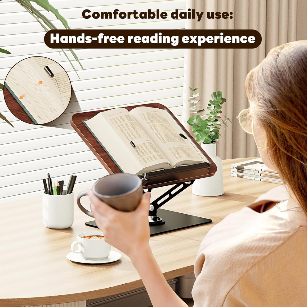 Book Stand for Reading, Adjustable Book Holder with 360°Rotating Bases, Ergonom