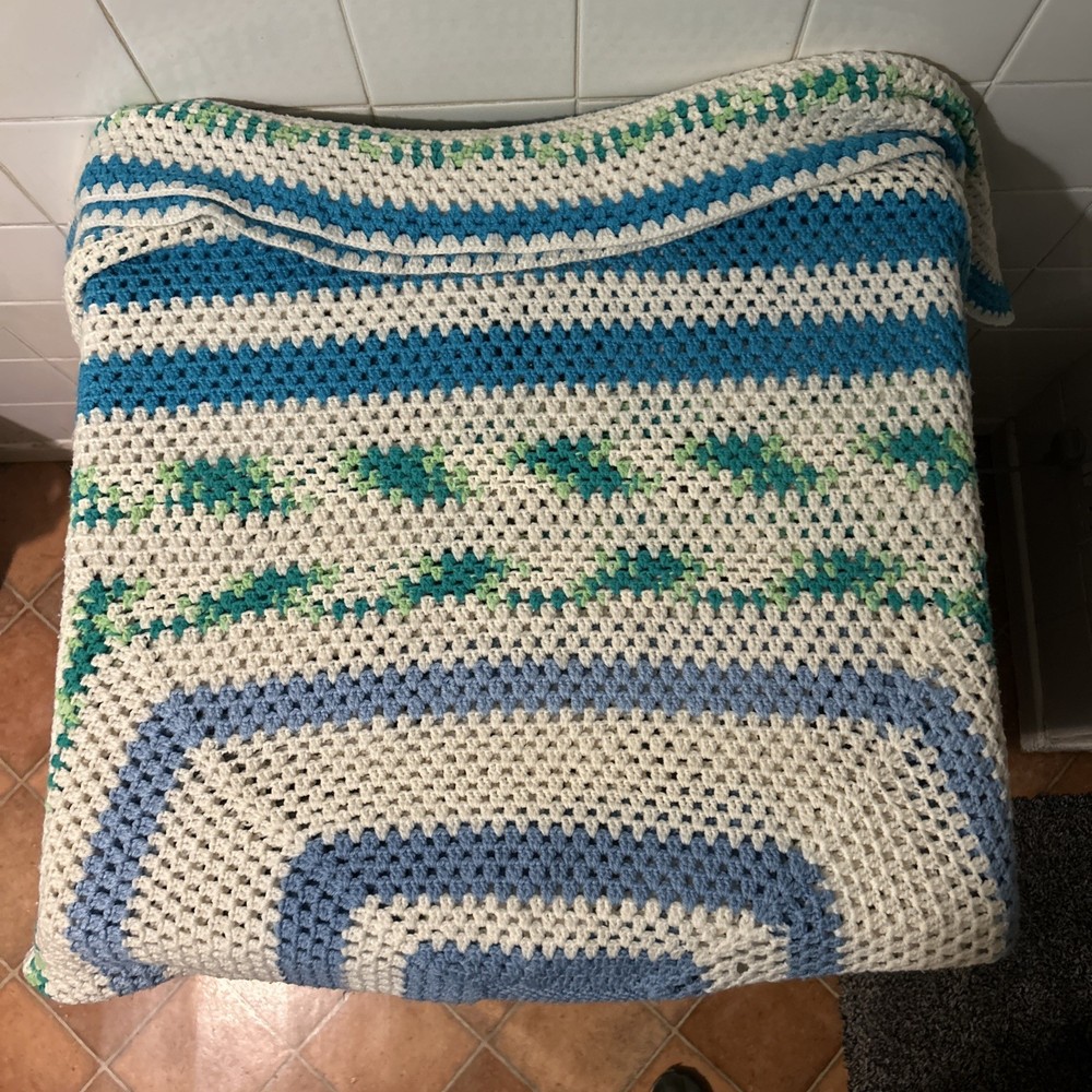 Wool Crochet Blanket Throw Handmade Blue White Green Pattern 150cm X 160cm