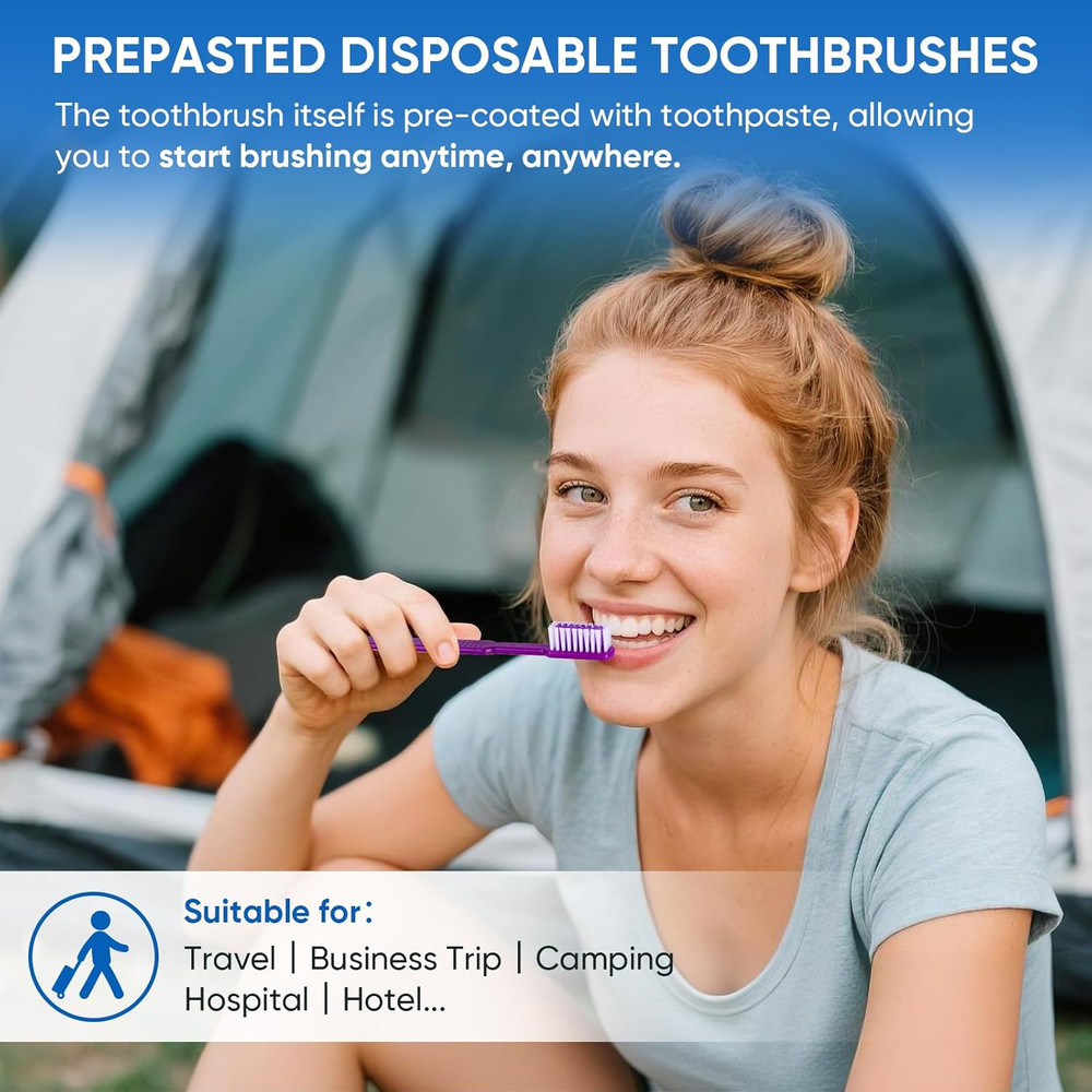 50 PCS Prepasted Disposable Toothbrushes with Toothpaste, Premium Bulk Toothb...