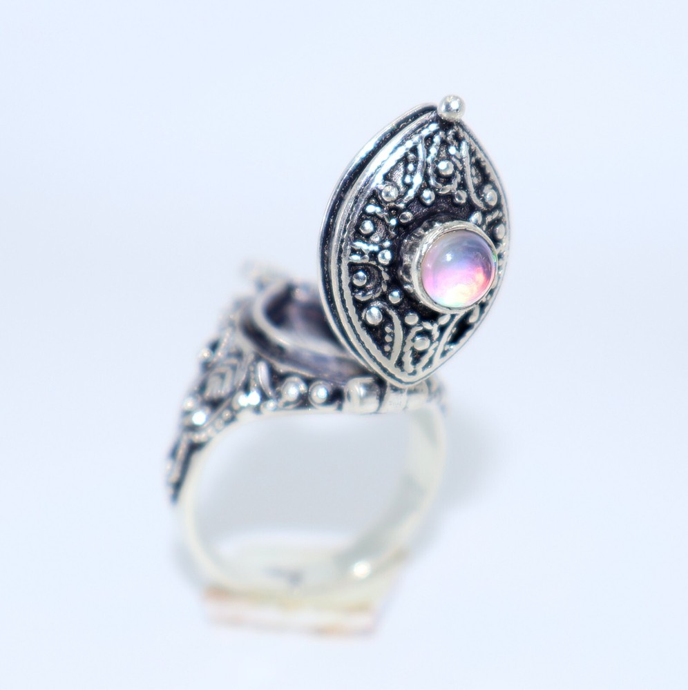 Aurora Opal Stone Poison Ring, 925 Silver Platted, Marquise Shape Ring