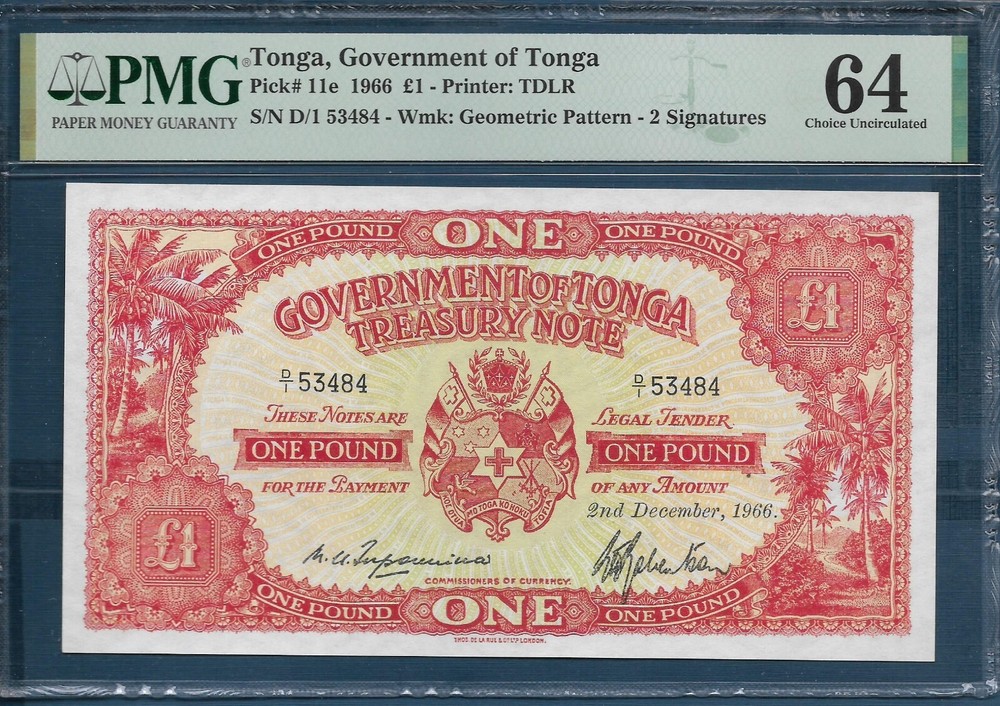 Tonga 1 Pound, 1966, P 11e, PMG 64 UNC
