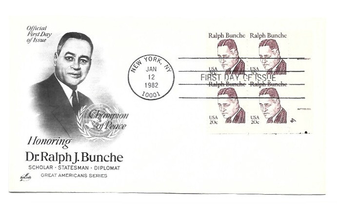 1860 20c Ralph Bunche, ArtCraft plate block FDC