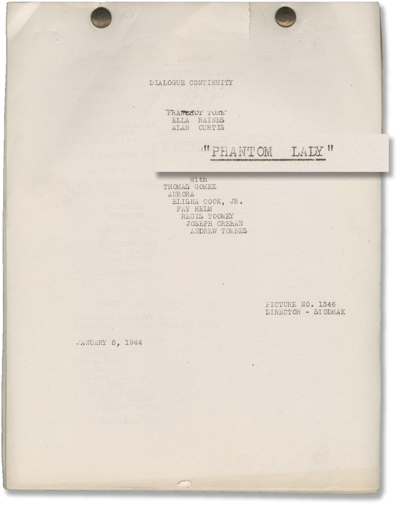 Robert Siodmak PHANTOM LADY Original post-production script for the #149853
