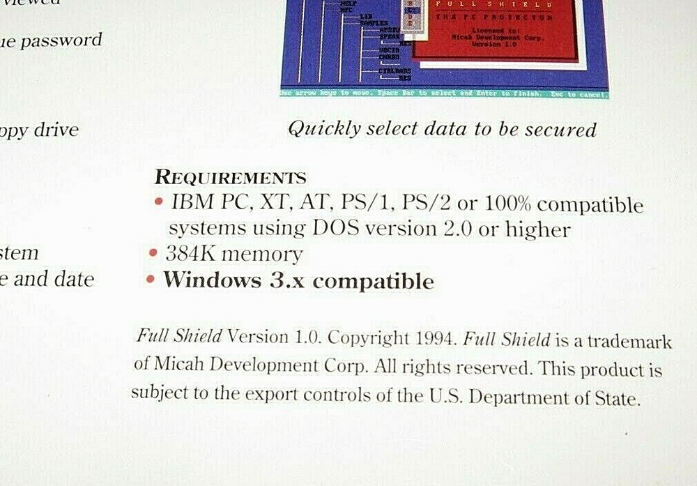 Rare Sealed Full Shield PC Protector Micah DOS 3.5" Disk Windows 3.x PC Big Box