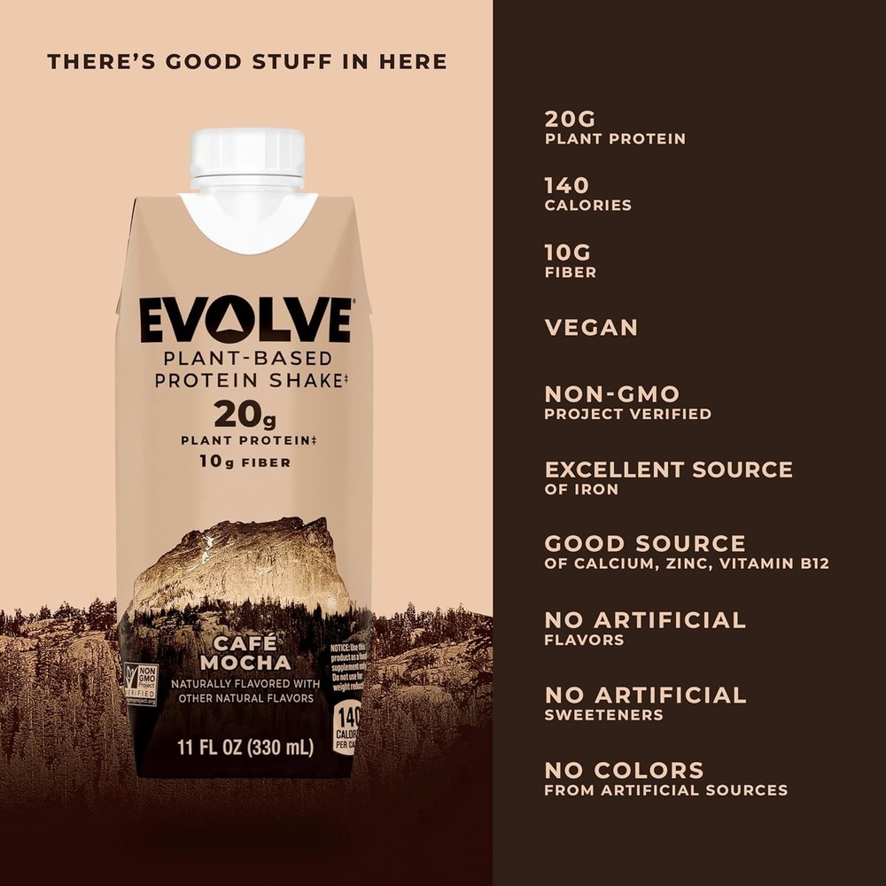 Evolve Plant Based Protein Shake, Café Mocha 11oz, (12 Pack) Free Shipping