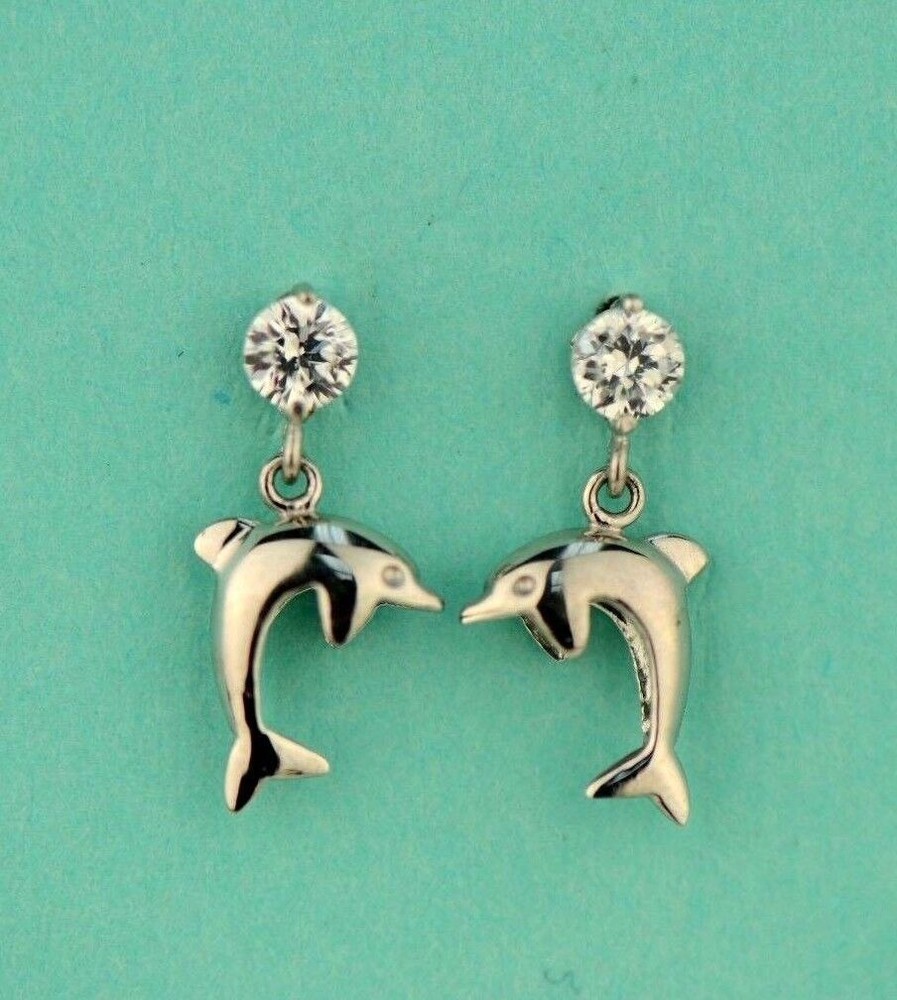 14k Yellow or White Gold CZ Dolphin Stud Earring