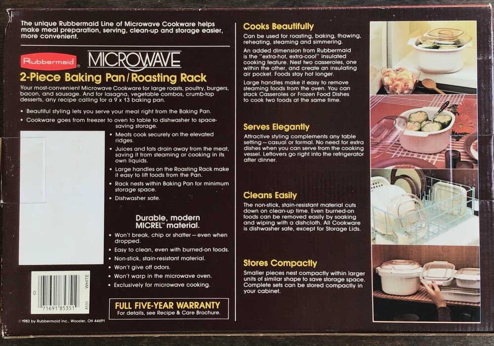 Rubbermaid Microwave Cookware 2-Piece Baking Pan & Roasting Rack No 8535 NOS