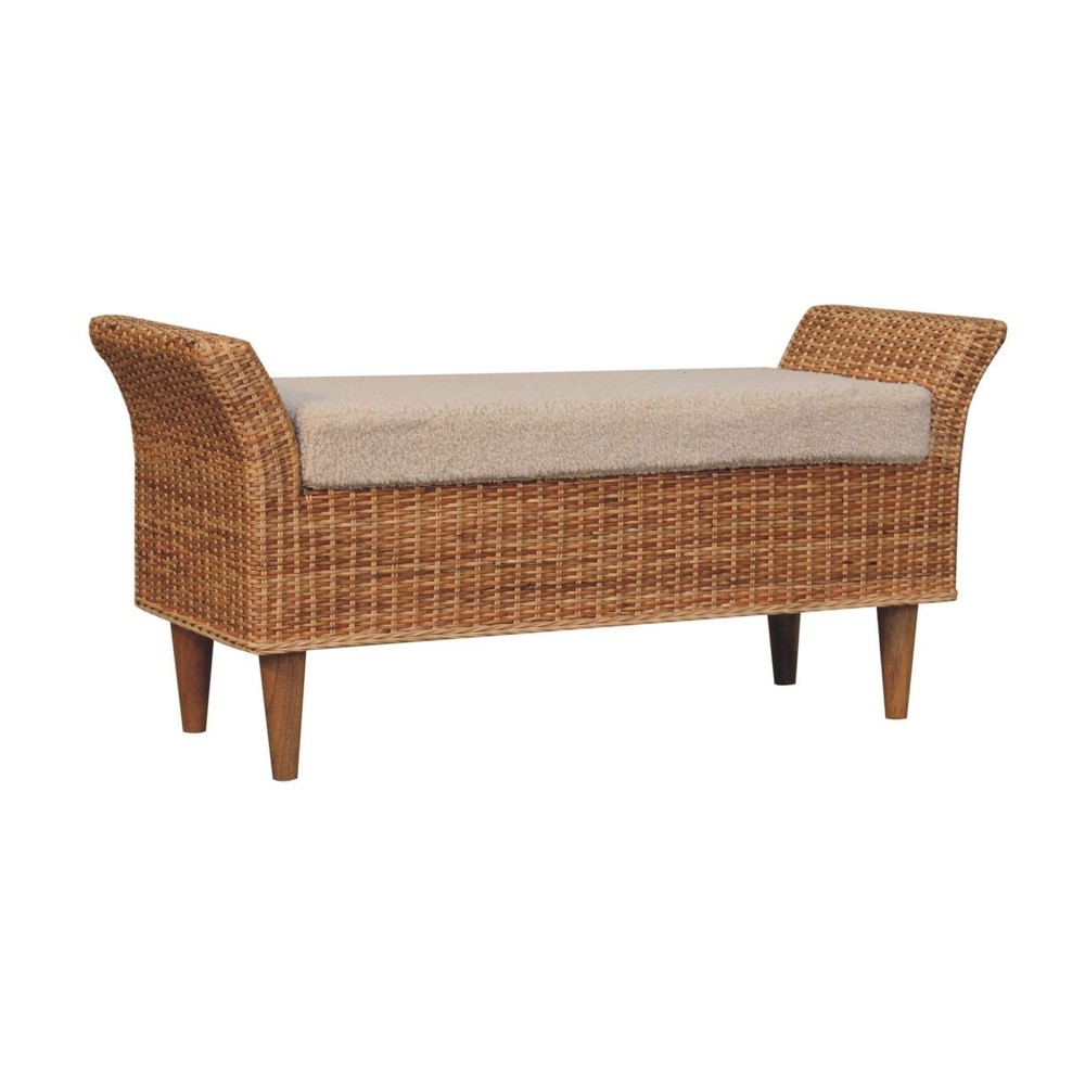 Rattan & Boucle Upholstered Bench