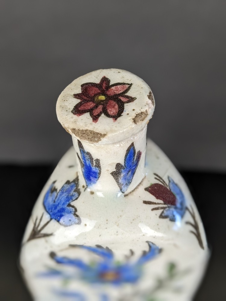 Antique Persian Qujar Pottery Bottle Tea Flask Floral Bird Pattern Triangular