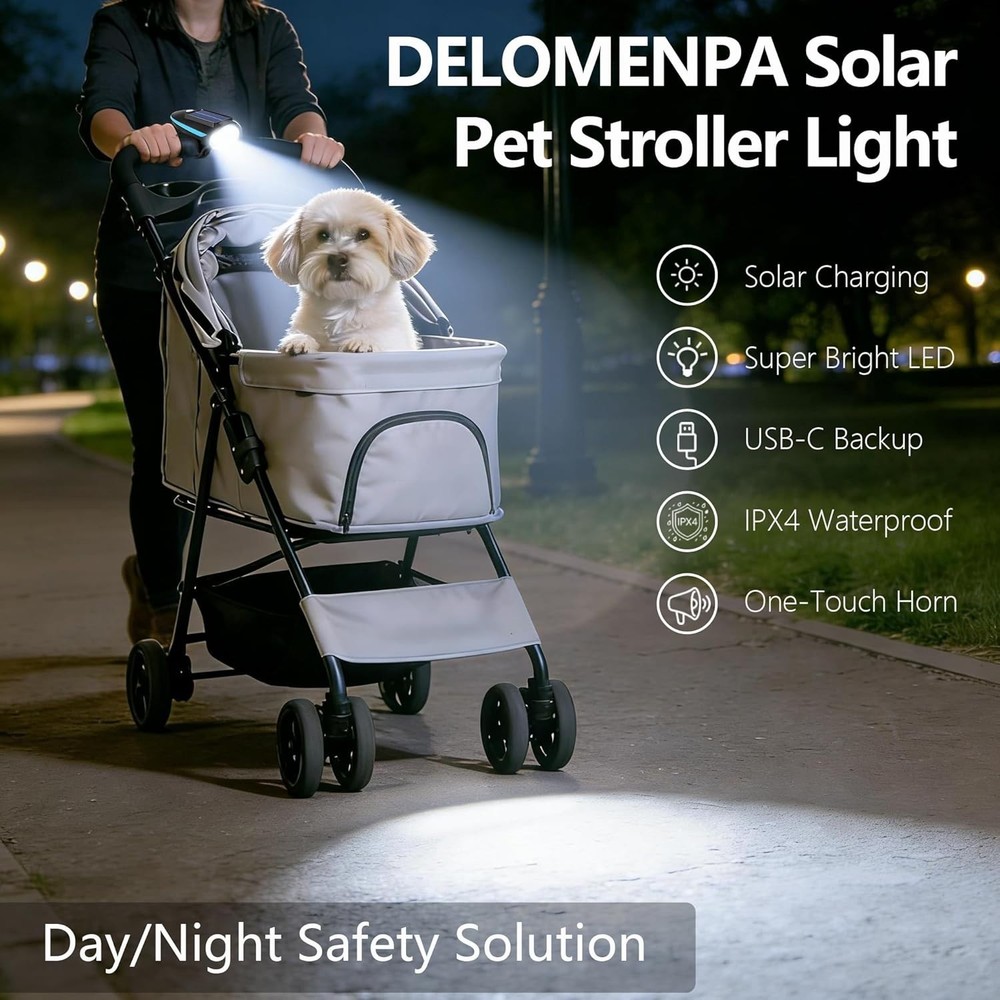 3-Mode Clip-On Pet Stroller Light: Solar & USB Rechargeable, Waterproof Design