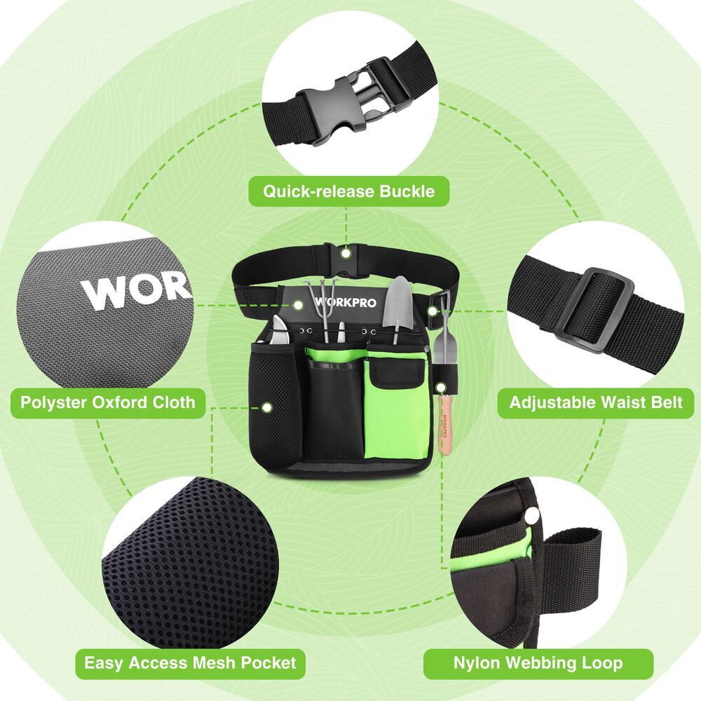 WORKPRO Garden Tool Belt 5 Pockets Single Side Garden Tool Pouch Adjustable Belt