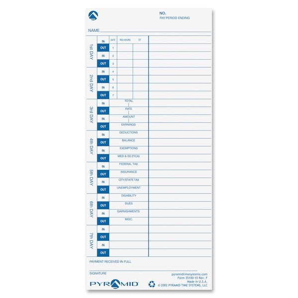 Pyramid 35100-10 Time Card, Pk100