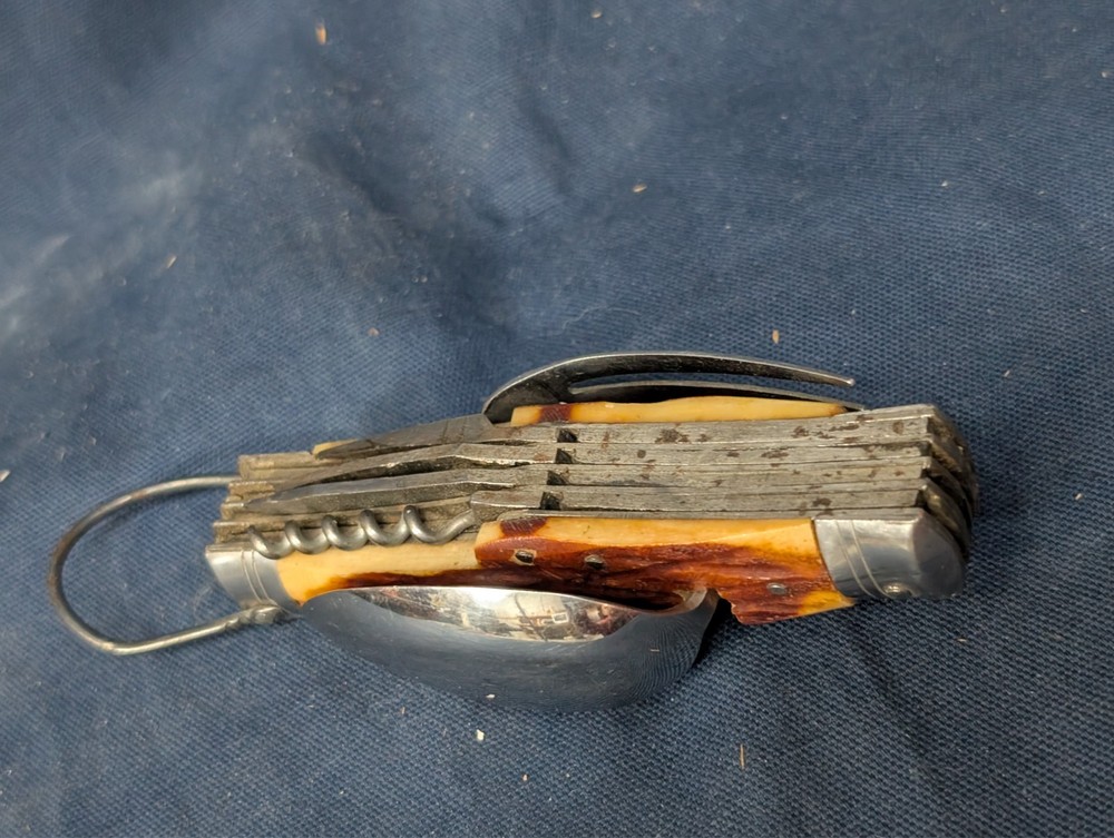 VINTAGE BONE/STAG HANDLE 11 TOOL CAMPING / FOLDING SURVIVAL TOOL, Made in JAPAN