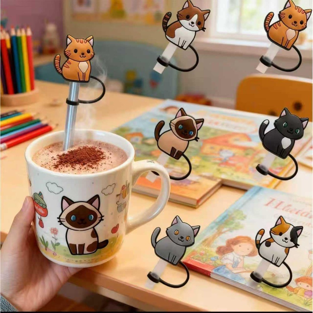 Silicone Straw Covers 6Pcs Reusable Straw Toppers Cute Cat Drinking s for