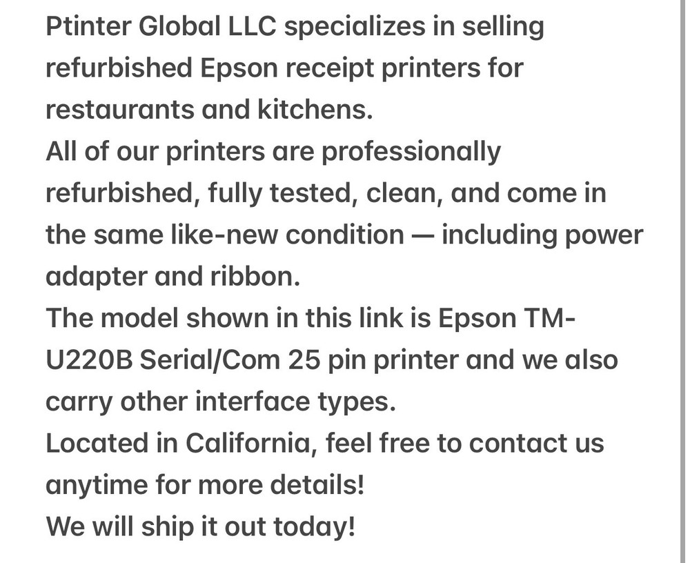 Epson TM-U220B M188B Kitchen Receipt Printer (Serial /COM 25 Pin) One Unit