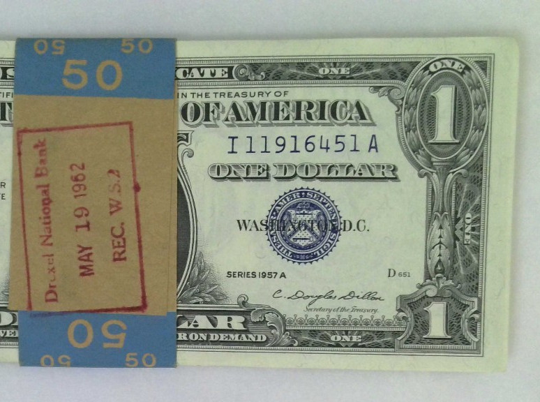 1957 $1 Silver Certificate Notes UNC 49 Consecutive Notes With Orig Bank Strap
