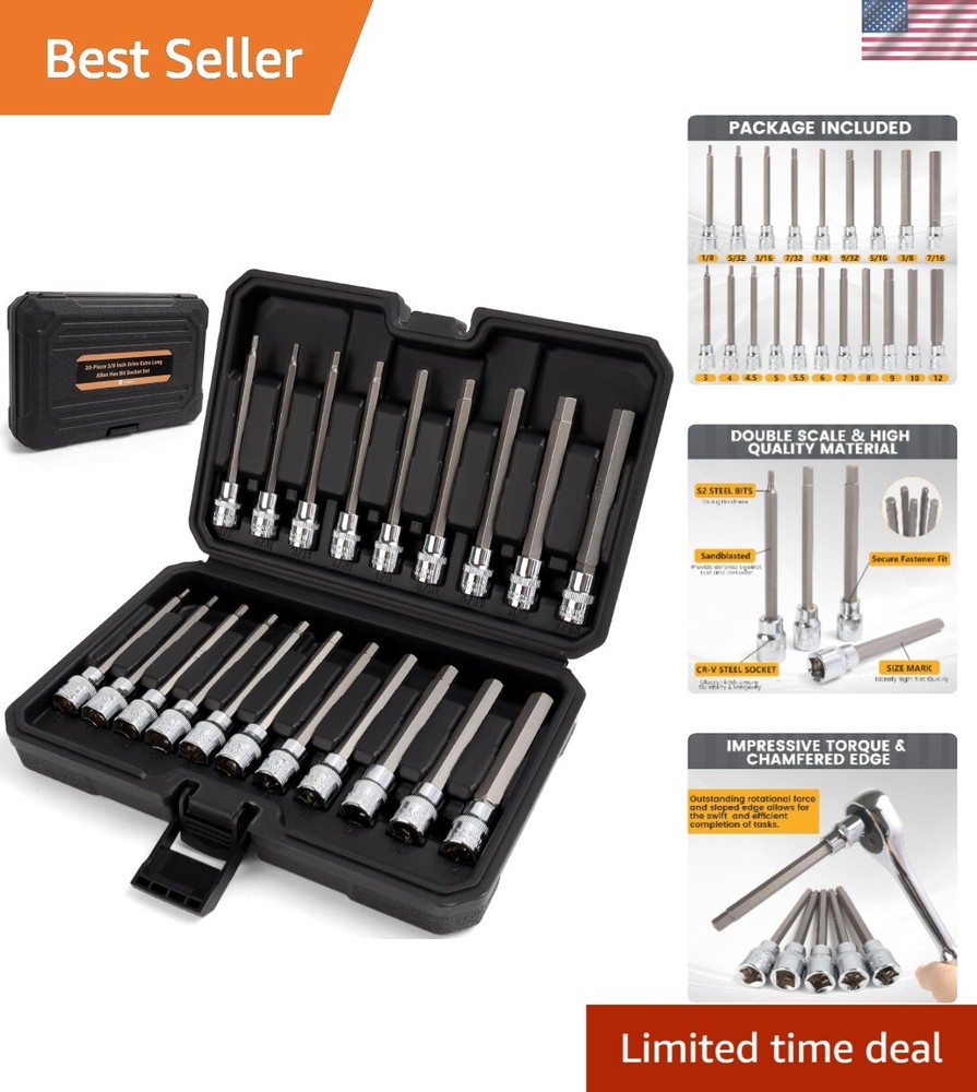 Durable Chrome Vanadium 20PC Allen Hex Bit Socket Set with Protective Case