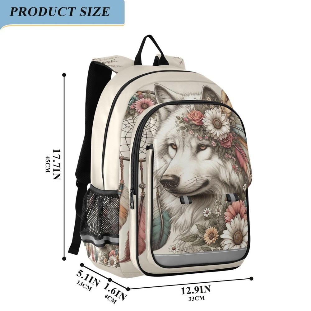 senya Wolf Backpack for Boys Girls, Flower Dreamcatcher Wolf Backpack Student...