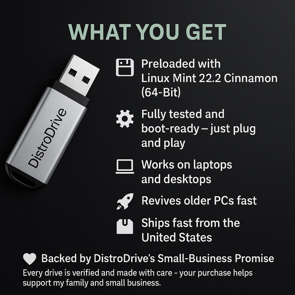 Linux Mint 22.2 Cinnamon 64-Bit Live USB Drive – Plug & Play, Revive Any PC Fast