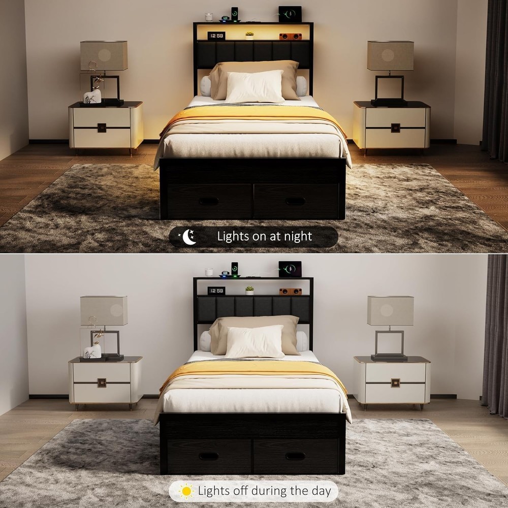Twin Bed Frames with Storage Drawer, Platform Bed with Charging Station and L...