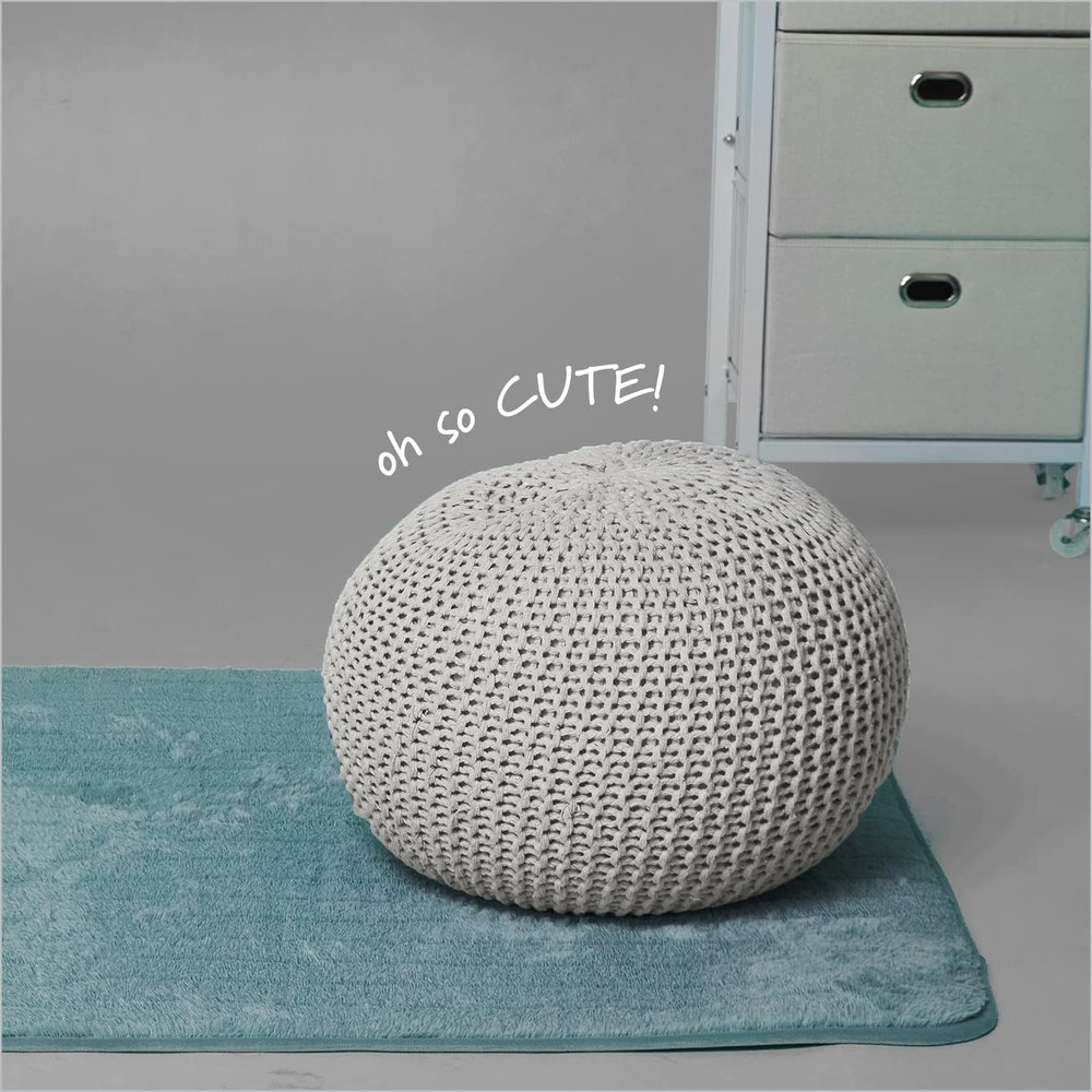 round Knit Pouf - Hand Woven Cotton, Ivory