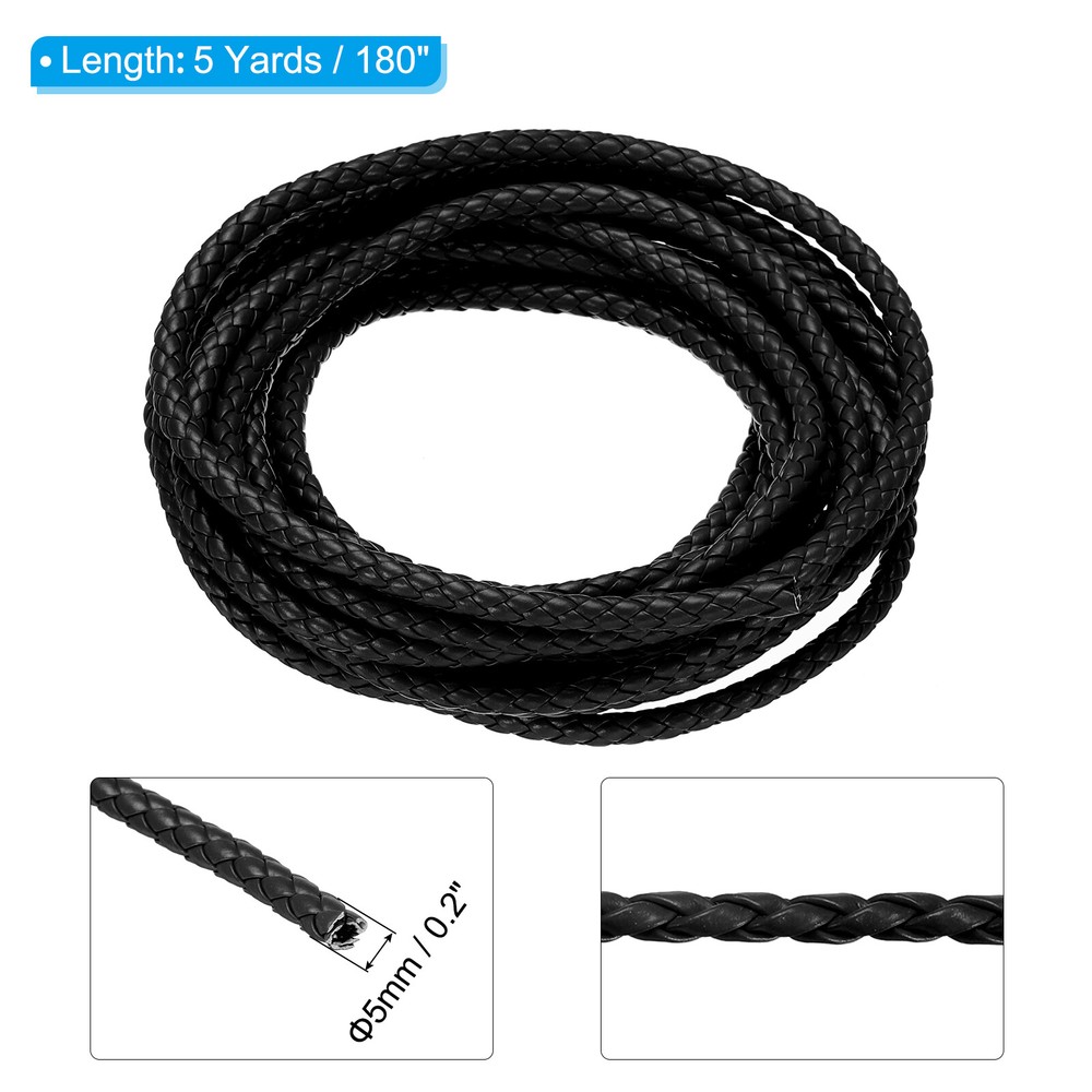 Braided Leather Cords, Round Leather Strap, 5mm 5 Yards, Black