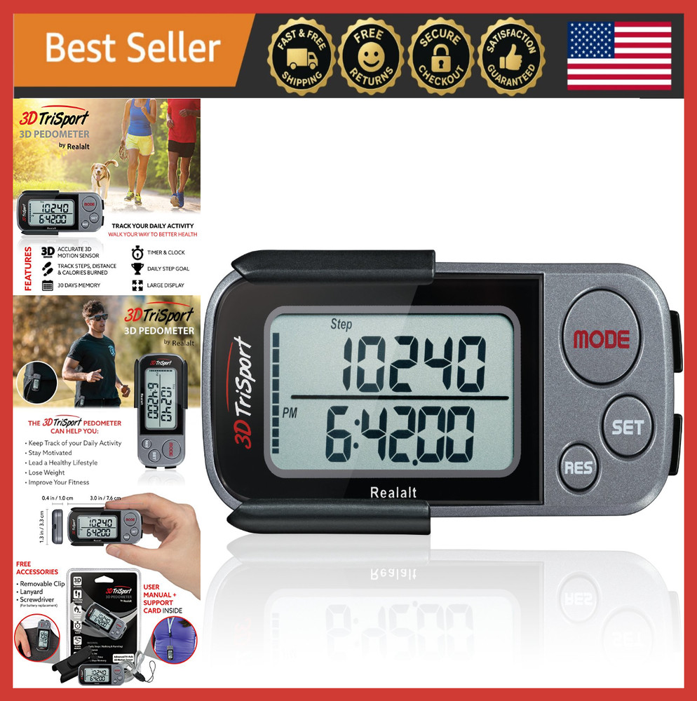 3D Walking Pedometer with Clip, Strap, Calorie Counter & eBook, 30-Day Memory