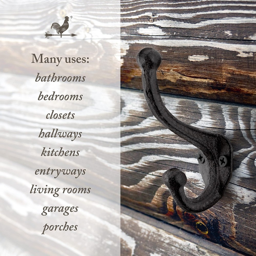 Rustic Cast Iron Coat Hooks (10 Pack) Wall Mounted Farmhouse Decorative Hooks