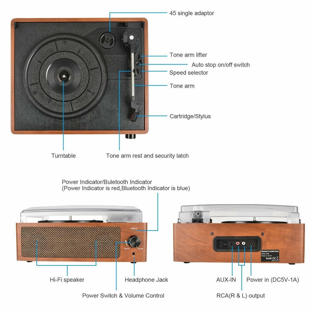 Bluetooth Record Player Belt-Driven 3-Speed Turntable, with Headphone Jack