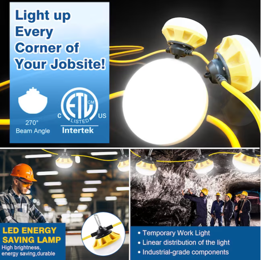 50FT 7000Lumen LED Temporary Construction String Work Lights MAX to 16 sets