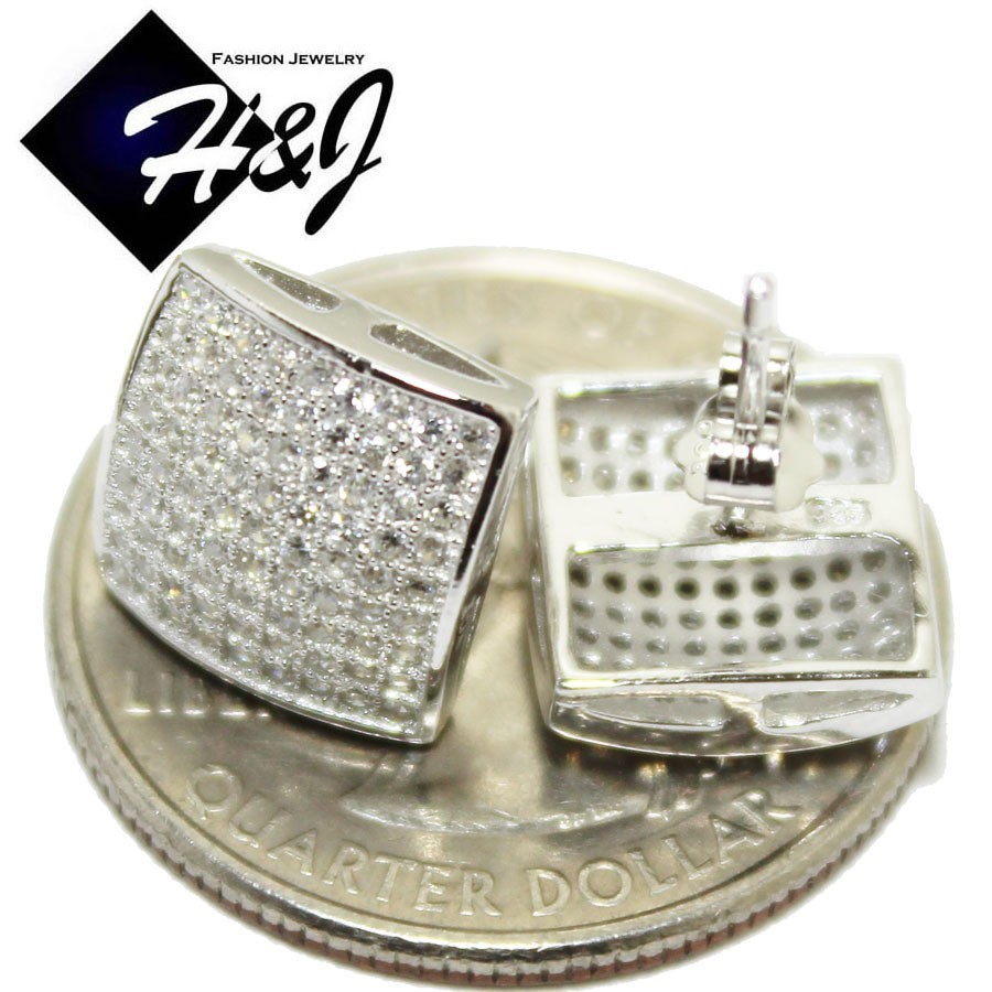 MEN WOMEN SOLID 925 STERLING SILVER ICY BLING CZ 10MM SQUARE STUD EARRING*E22