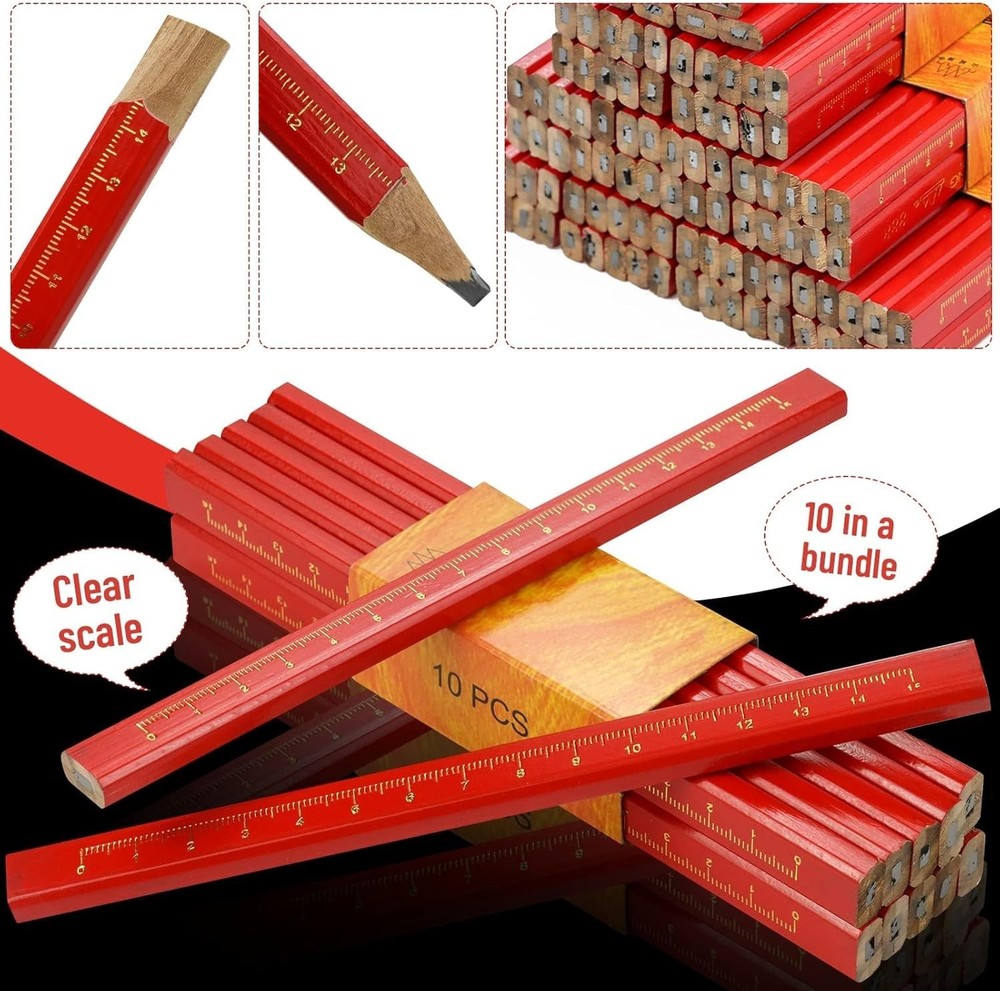 Octagonal Carpenter Pencils with Measurement Scale - 100 Pack for Easy Marking
