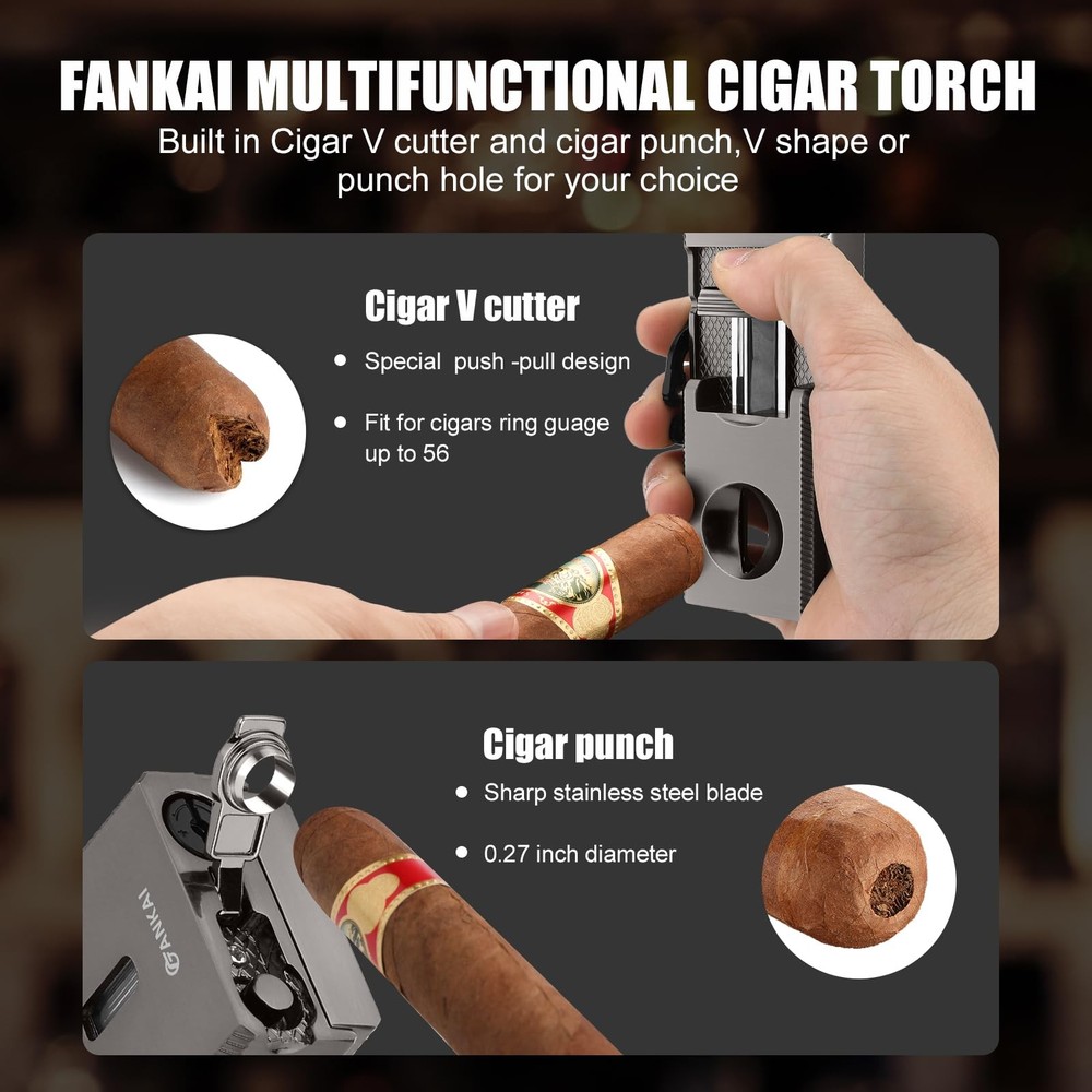 Cigar Lighter, Multi-Tool Torch Lighter with Sliding Cigar V Cutter, Cigar Ho...