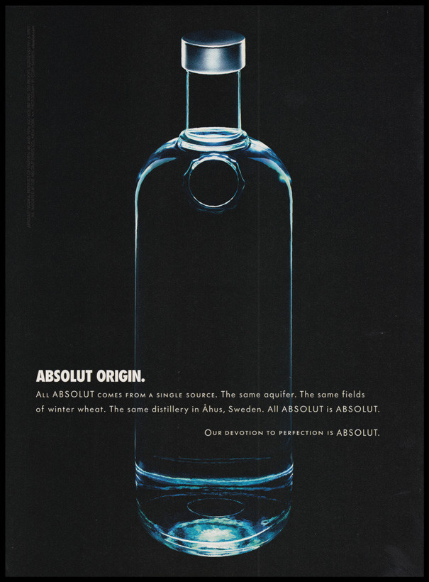 Absolut Origin print ad 2003 vodka dark bottle