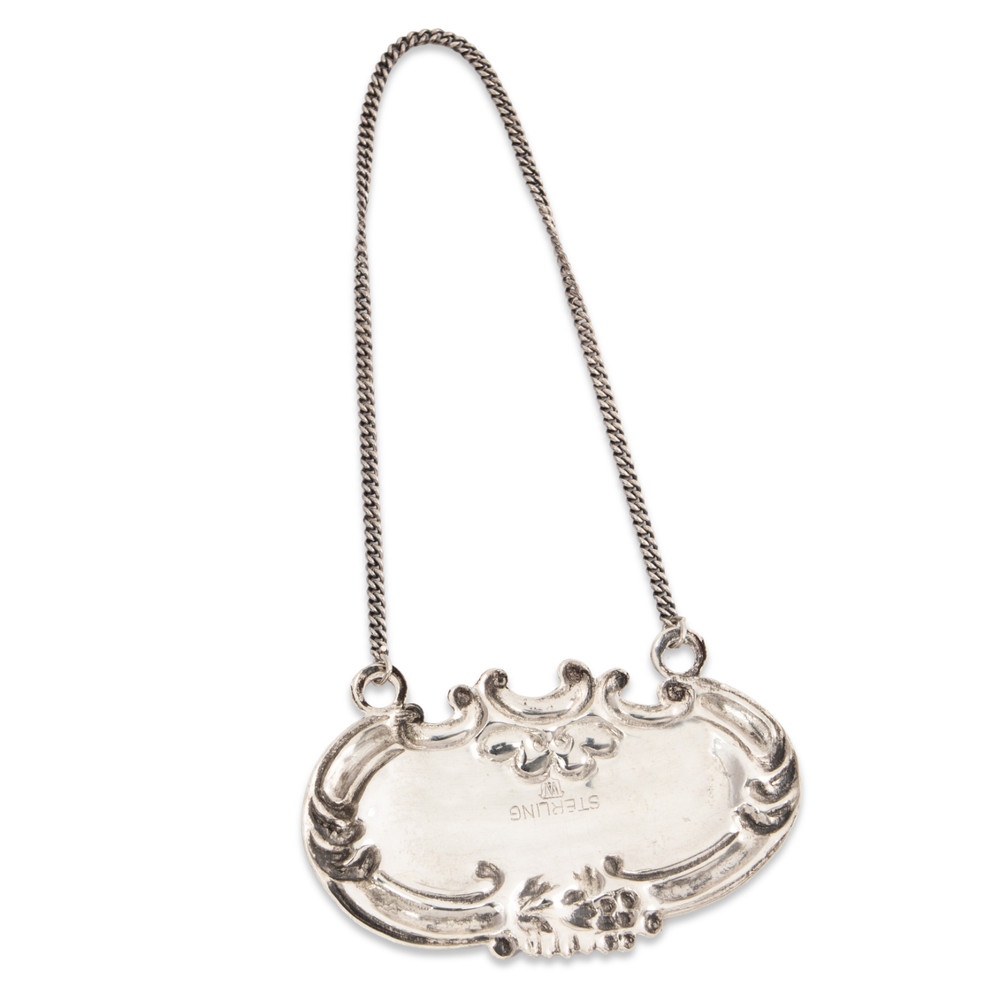 AMERICAN STERLING SILVER BOTTLE TAG SCROLL & GRAPES " RYE " 20THC NO MONOGRAM