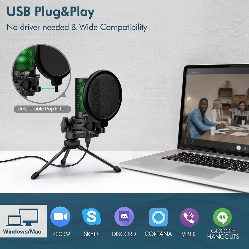 USB Desktop Microphone w/ Pop Filter & Mute LED for PC/Mac US