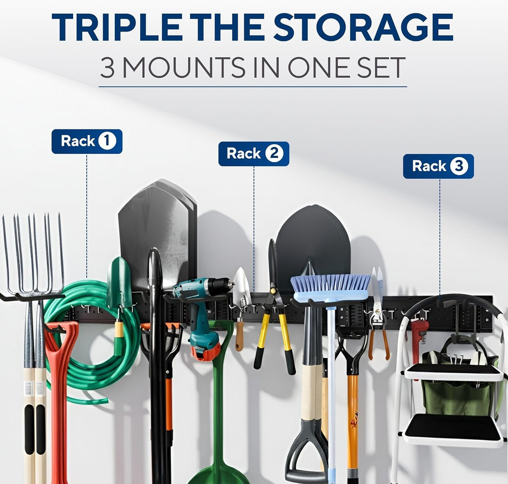 Sturdy Wall-Mount Garden Tool Organizer Rack with Multi-Hook Storage System