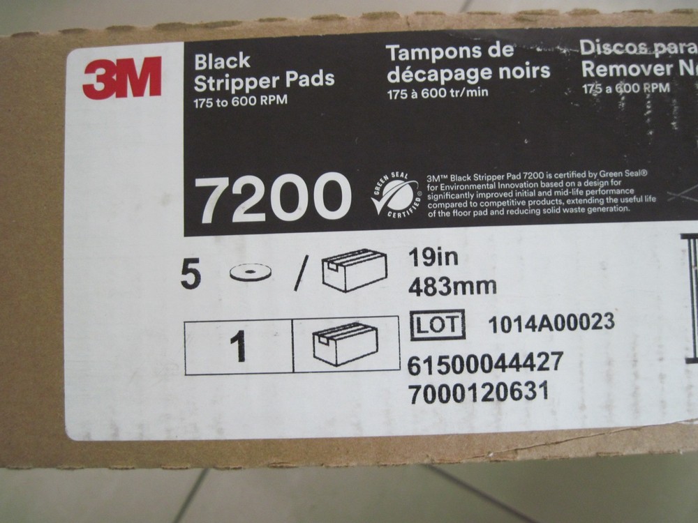 3M Stripper Floor Pad 7200, 19", Black - Includes five pads.