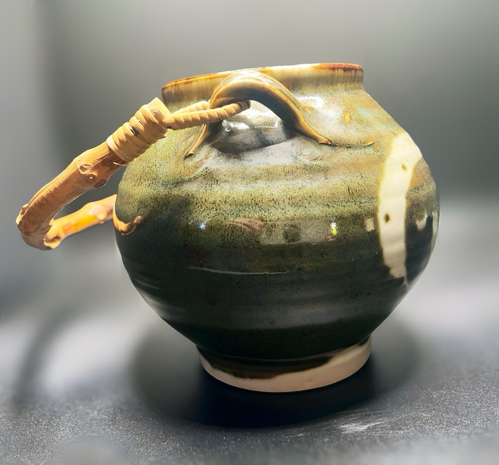 Vintage Studio Pottery Teapot Signed SK Bamboo Handle Hand Thrown Stoneware