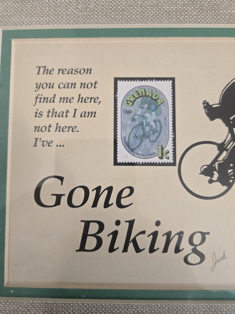 Vintage Framed Postage Stamp Art “Gone Biking” Jack Rabbit Studio 1993 Signed