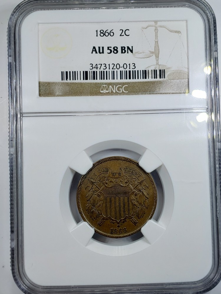 1866 Two Cent Piece NGC AU-58 BN